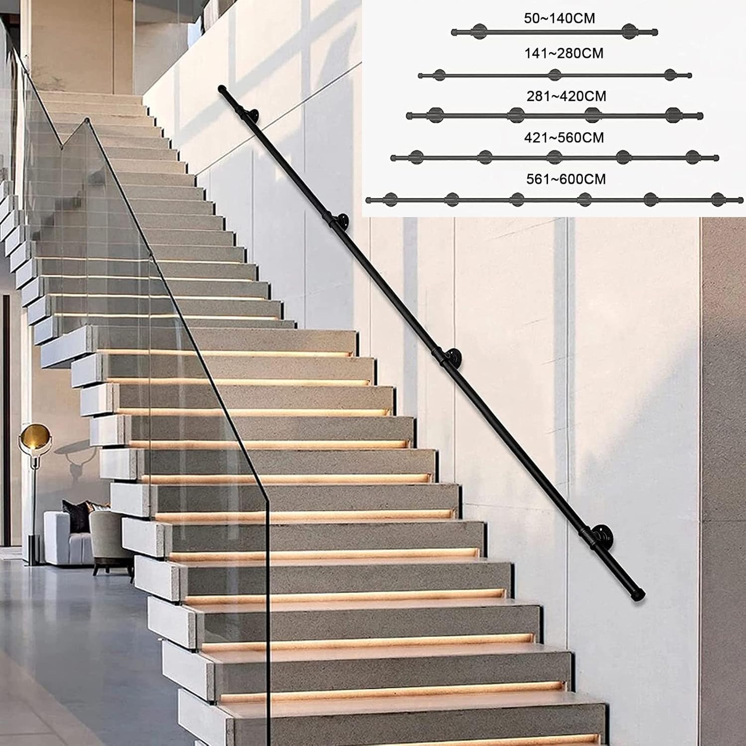 Handrail for Stairs 1m/2m/3m/4m/5m/6m Staircase Handrail Wall Mount Non-Slip Metal Grab Bar Railing Elderly Kids Safety Corridor Support Rods (Size : 50cm)