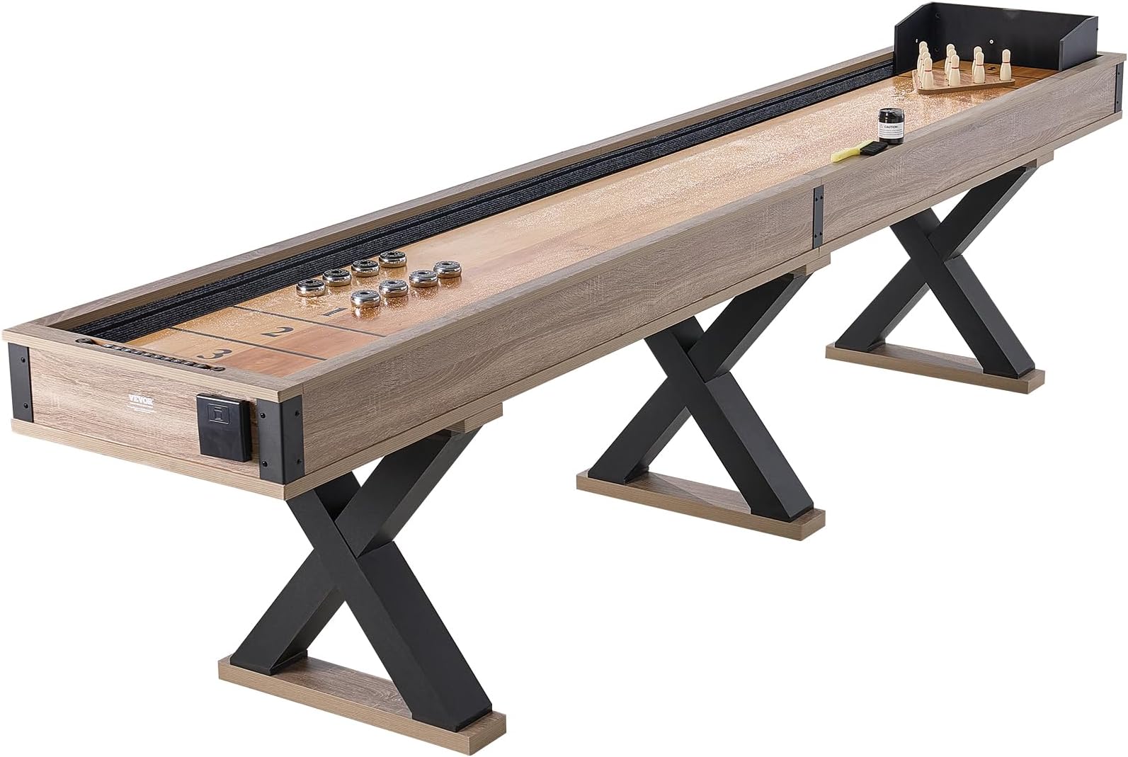 VEVOR Shuffleboard Table, 11.5 ft Shuffleboard for Family Game Rooms, 2 in 1 Shuffleboard and Bowling Combo Game Set, with Scratch-Resistant Playfield, Legs, 8 Pucks, Bowling Set, Wax, and Table Brush
