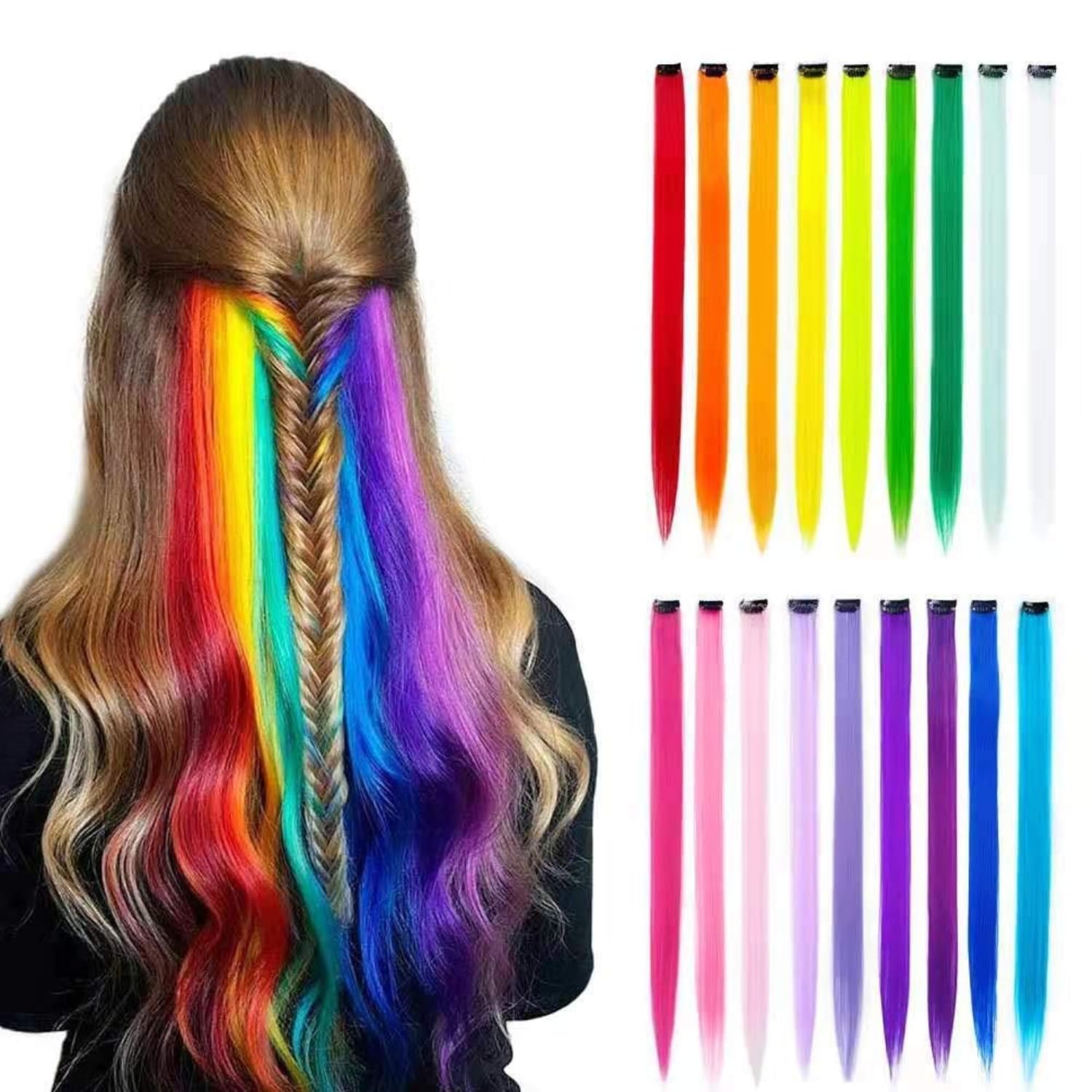 KARDIFF Multi Colored Clip Hair Extensions | 22'' Colorful Straight Hair Extensions Clip for Women and Kids | Multi-Colors Party Highlights Streak Synthetic Hair (Pack of 3)-image-41