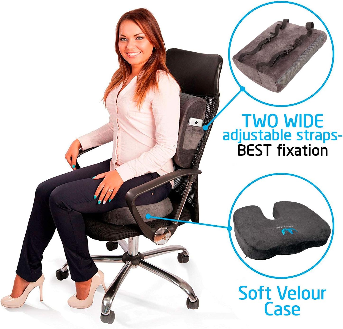 SOFTaCARE, Dark Gray Seat Cushion Coccyx Orthopedic Memory Foam and Lumbar Support Pillow, Set of 2, 2 Count: Furniture & Decor