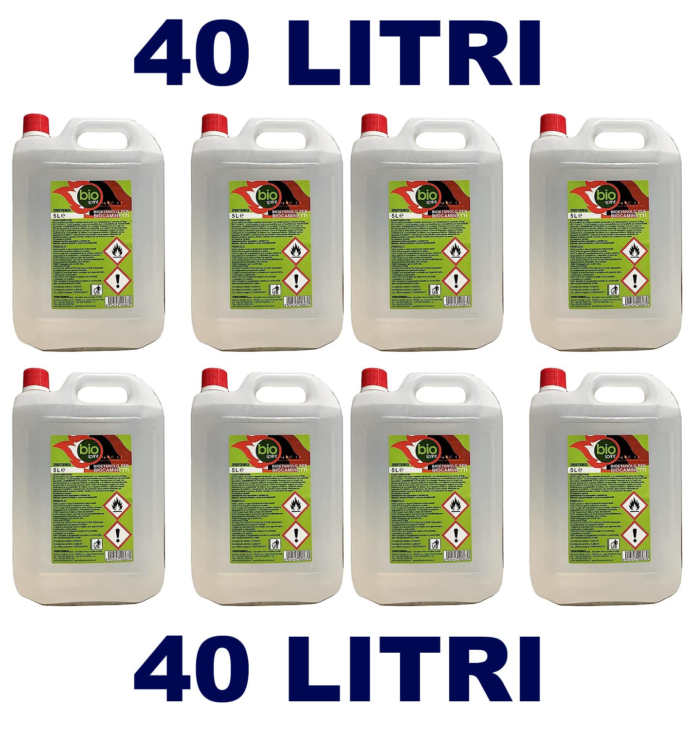 8 Pezzi - 40 Litri - Bioetanolo combustibile stufe Bio Sprint 5 litri 99,9% inodore no fumo naturale no zolfo + Imbuto 145mm