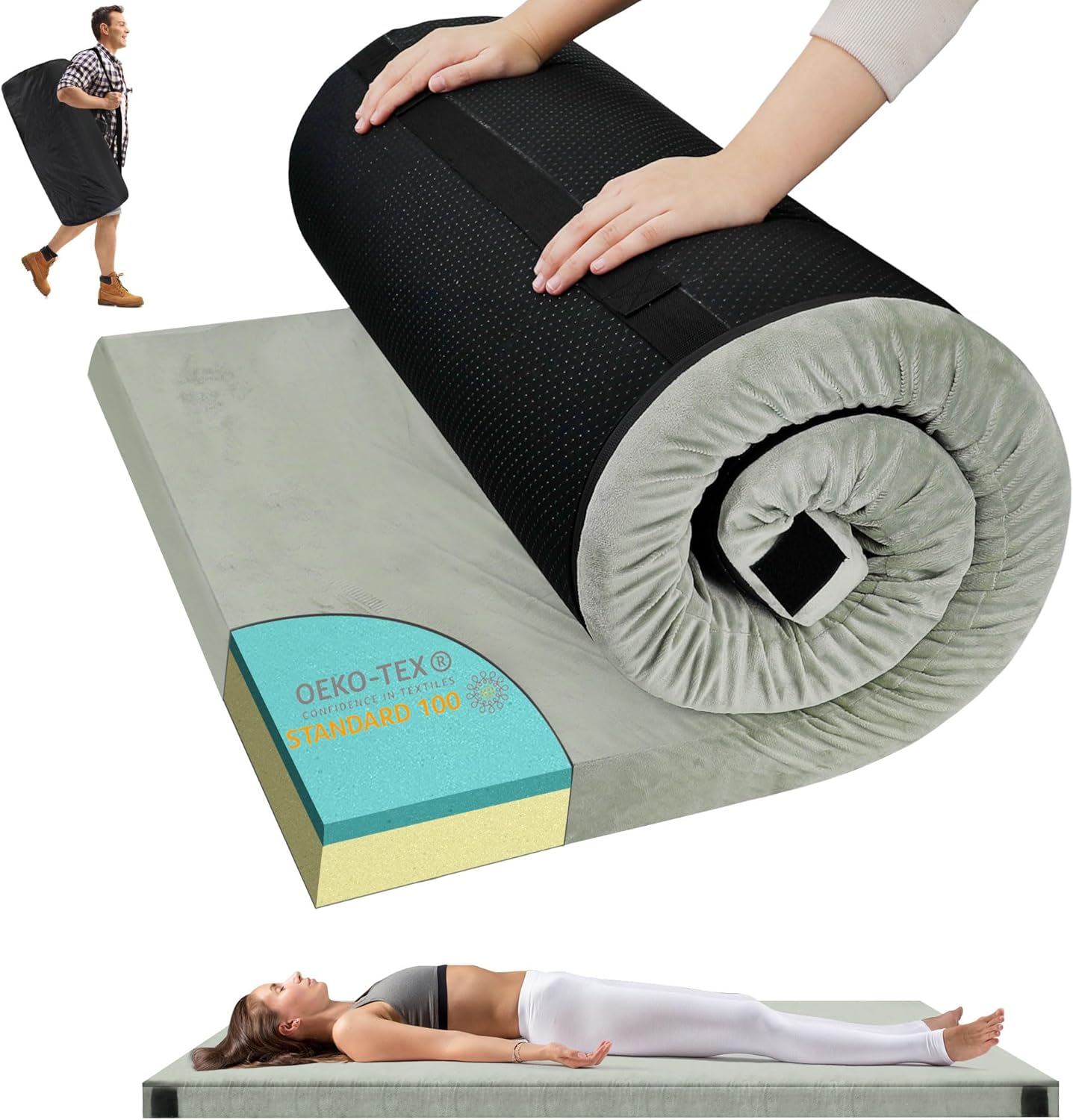 Memory Foam Camping Mattress Pad, Portable Sleeping Pad Roll Up Travel Mattress Waterproof Foldable Floor Cot Mattress Guest Bed for Sleepover Light Grey 75'' x 38'' x 3''