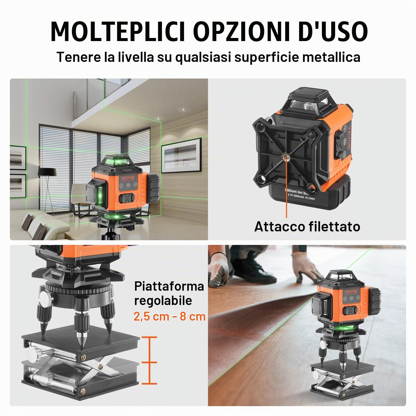 VEVOR Livella Laser Raggio max. 30m Livella Laser 360° x 4 Linee Trasversali Verdi Modalità Manuale Autolivellamento Lunghezza d'Onda Laser 520nm ± 10nm Precisione tra 0,28cm - 10m