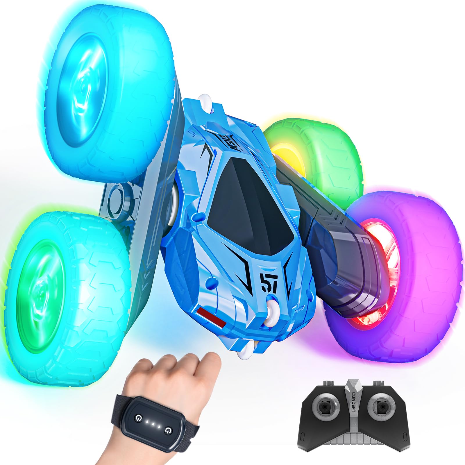 TecnockRemote Control Car, Gesture Sensing RC Car with Wheel Lights, 4WD 360° Rotating 2.4GHz RC Stunt Car for Kids, Car Toys Gifts for Boys Girls，Blue
