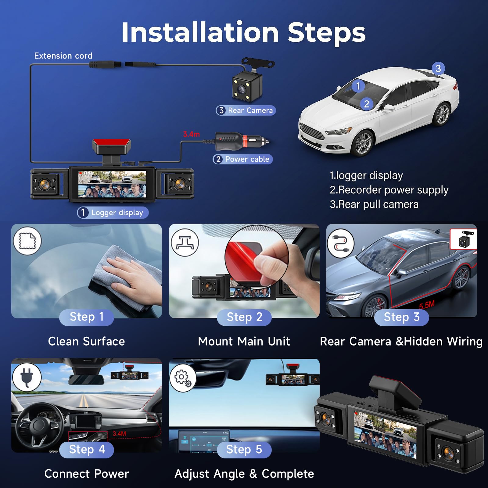 Hodozzy Cámara para Salpicadero 4 Canales, Pantalla 3,16 Pulgadas, 4 Cámaras Delantera, Trasera, Interior para Coche con Grabación en Bucle, Visión Nocturna Sensor G Modo Aparcamiento Tarjeta TF 64 G