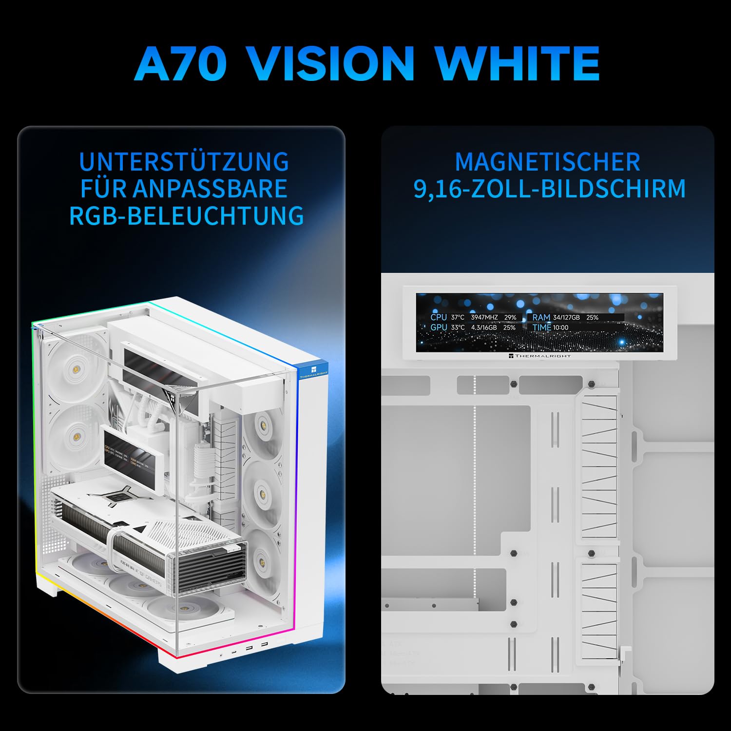 TR A70 Vision weißes ATX Gaming-Gehäuse | dreiseitiges säulenlosem Panoramaglas-Panel | 8 Lüfterplätze | Midi-Tower PC-Gehäuse | ausgestattet mit USB-C-Anschluss und integriertem 9,16-Zoll LCD-Display
