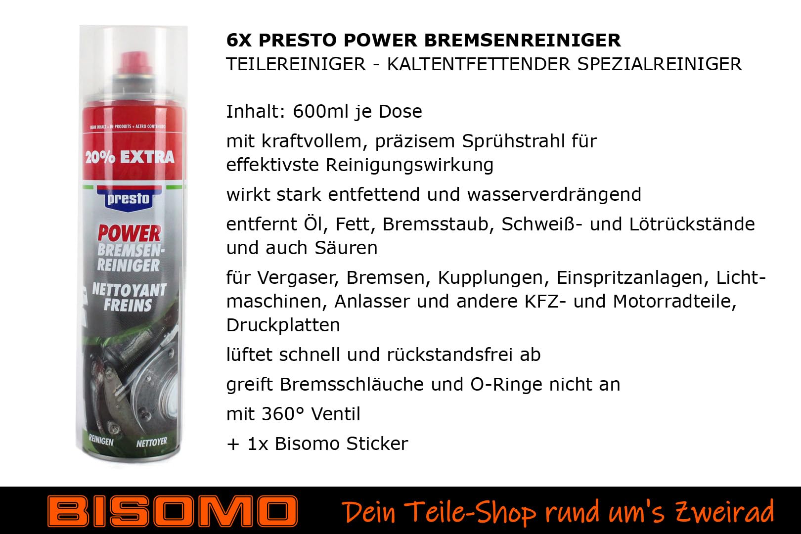 6 x 600 ml Presto Power pulitore freno pulitore parti motore frizione carburatore, rimuove olio grasso polvere dei freni, senza acetone + adesivo bisomico