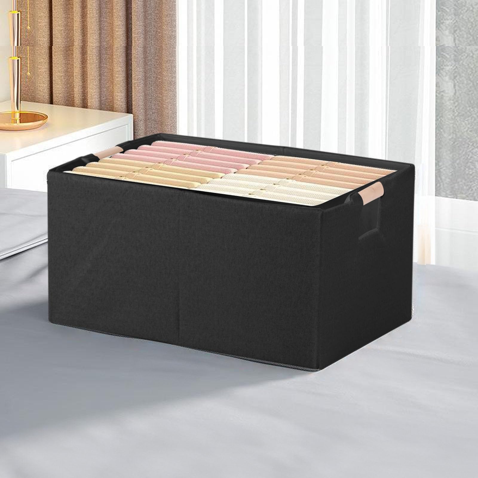 Stabile Aufbewahrungsbox aus Stoff mit Holzgriffen, verstärkter Kartonboden für Zuhause, Stoff-Aufbewahrungsbox für den Haushalt