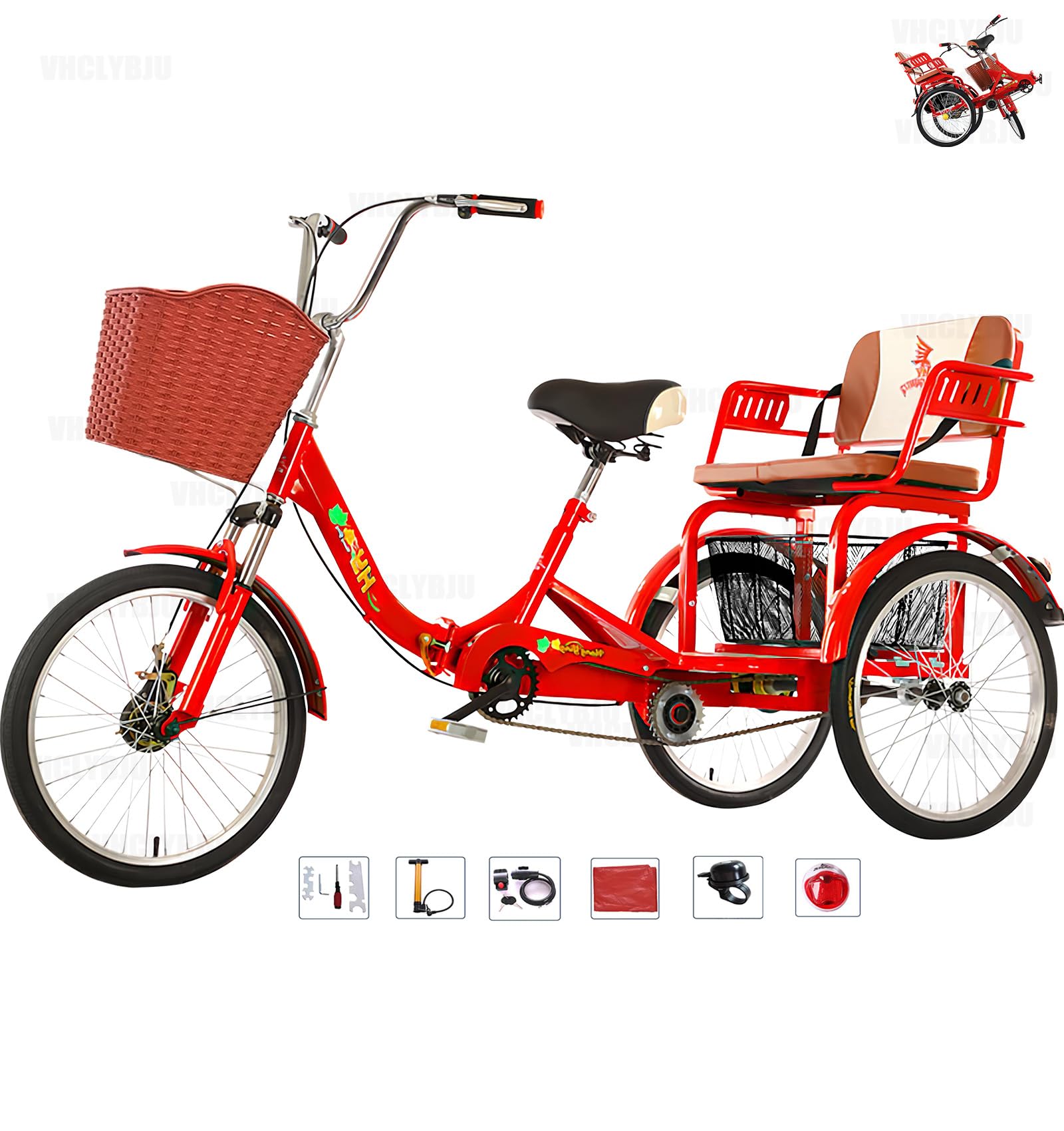 Adult Tricycle Foldable with Child seat 3 Wheel Bicycle for Ladies Tricycle with Basket with Back seat 20/24in Bikes Maximum Load 550lbs Shock Absorbing Fork Adult-Unisex (20in-1speed-red)