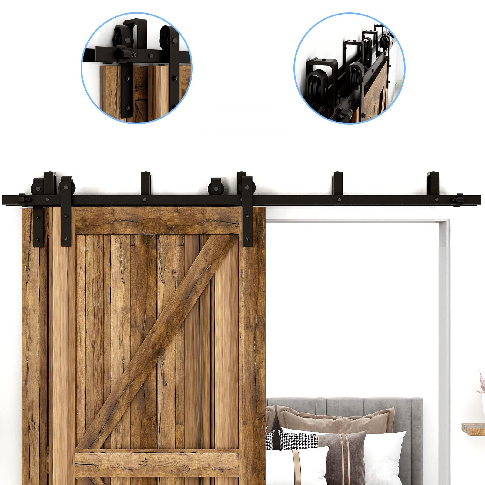 CCJH 304cm(10FT) Kit de guía para puerta corredera Bypass Ferretería Polea de Rail suspendida sistema de puerta interiores en madera granero armario cuarto de, negro