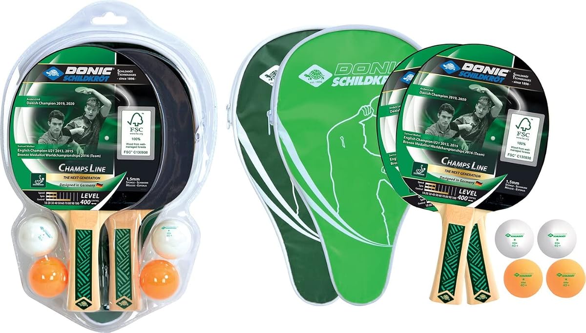 Donic-Schildkröt Champs Line 400 788498 Juego de tenis de mesa, 2 raquetas, 4 pelotas de buena calidad, 2 fundas para raquetas en blister, gran calidad de ocio, amplio equipamiento para 2 jugadores