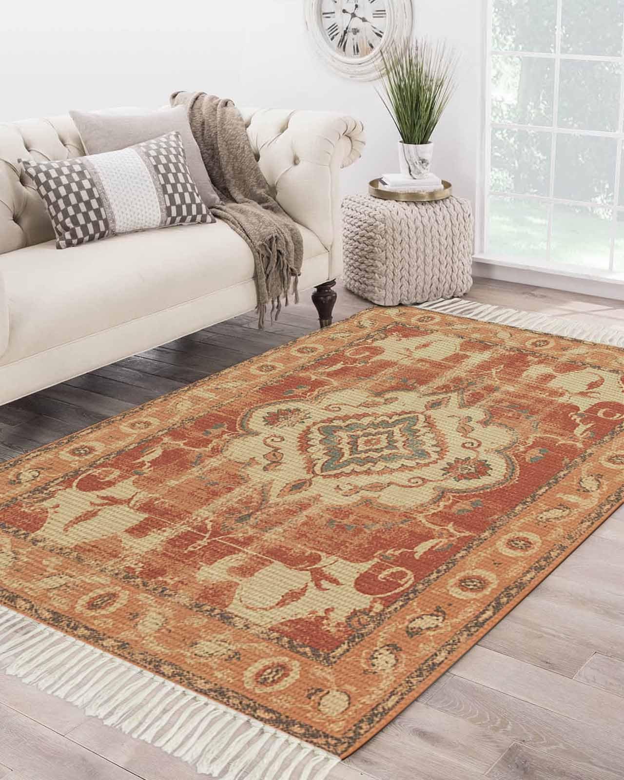 Debedcor Bedroom Carpet Rug 3'x 5', Burnt Orange Boho Washable Floor Carpet with Tassels, Southwestern Ethnic Floral Elegant Soft Carpet Floor Mat for