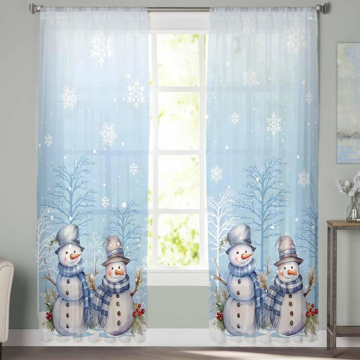 2 PCS Blue Christmas Snowman Semi-Sheer Chiffon Curtains 72 Inches Long,Rod Pocket Voile Curtain Panels,Window Sheer Drape Curtains for Living Room/Bedroom/Kitchen,Xmas Snowflake Tree Branch 104x72