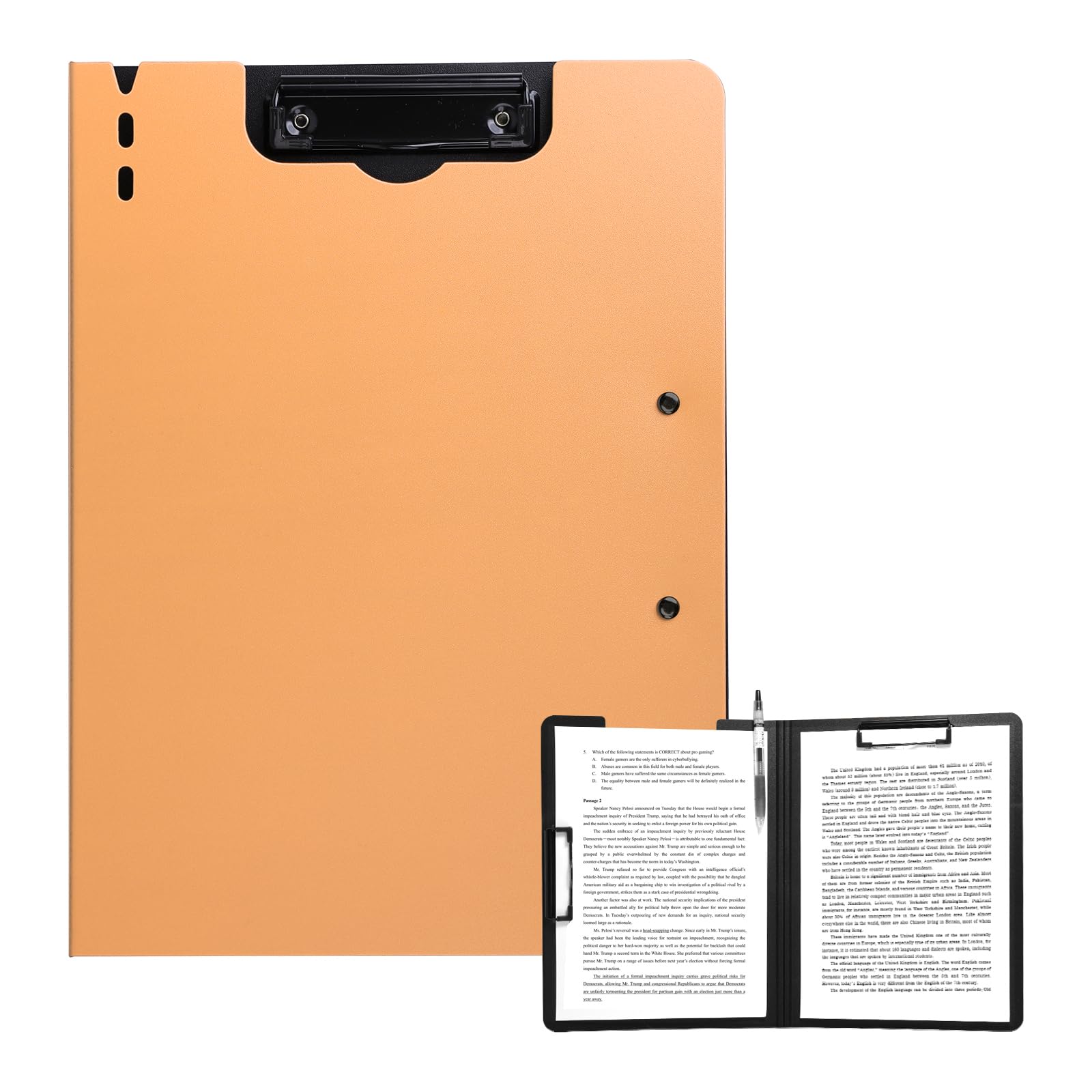 FRETONBA Clipboard A4 with Double Clips, Foldover Clip Board with Cover, Plastic Document Folder, Lightweight Personal Organiser Suitable for School, Office, Industry, Orange
