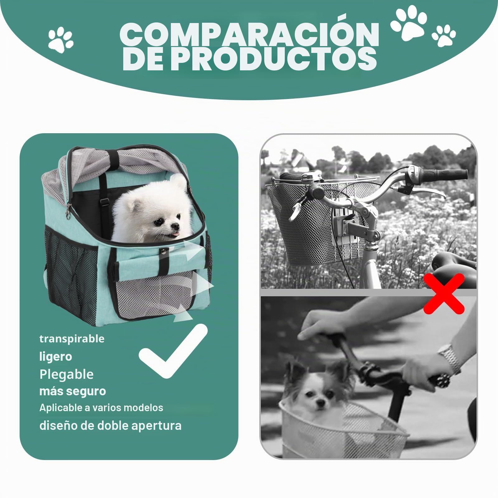 Cesta de bicicleta para mascotas con adaptador de manillar, cesta frontal de bicicleta, cesta frontal plegable multiusos para manubrio desmontable, bolsa de mochila para gato y perro con correa para
