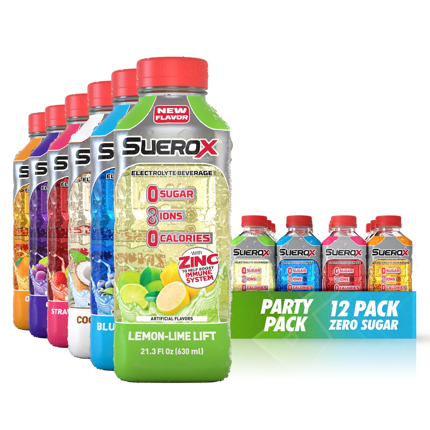Sponsored Ad - SueroX Zero Sugar Electrolyte Drink for Hydration and Recovery, Unique Blend of Electrolytes & 8 Ions, Zero Calorie Sports Drink, 21.3 Fl Oz, Party Pack, 12 Count