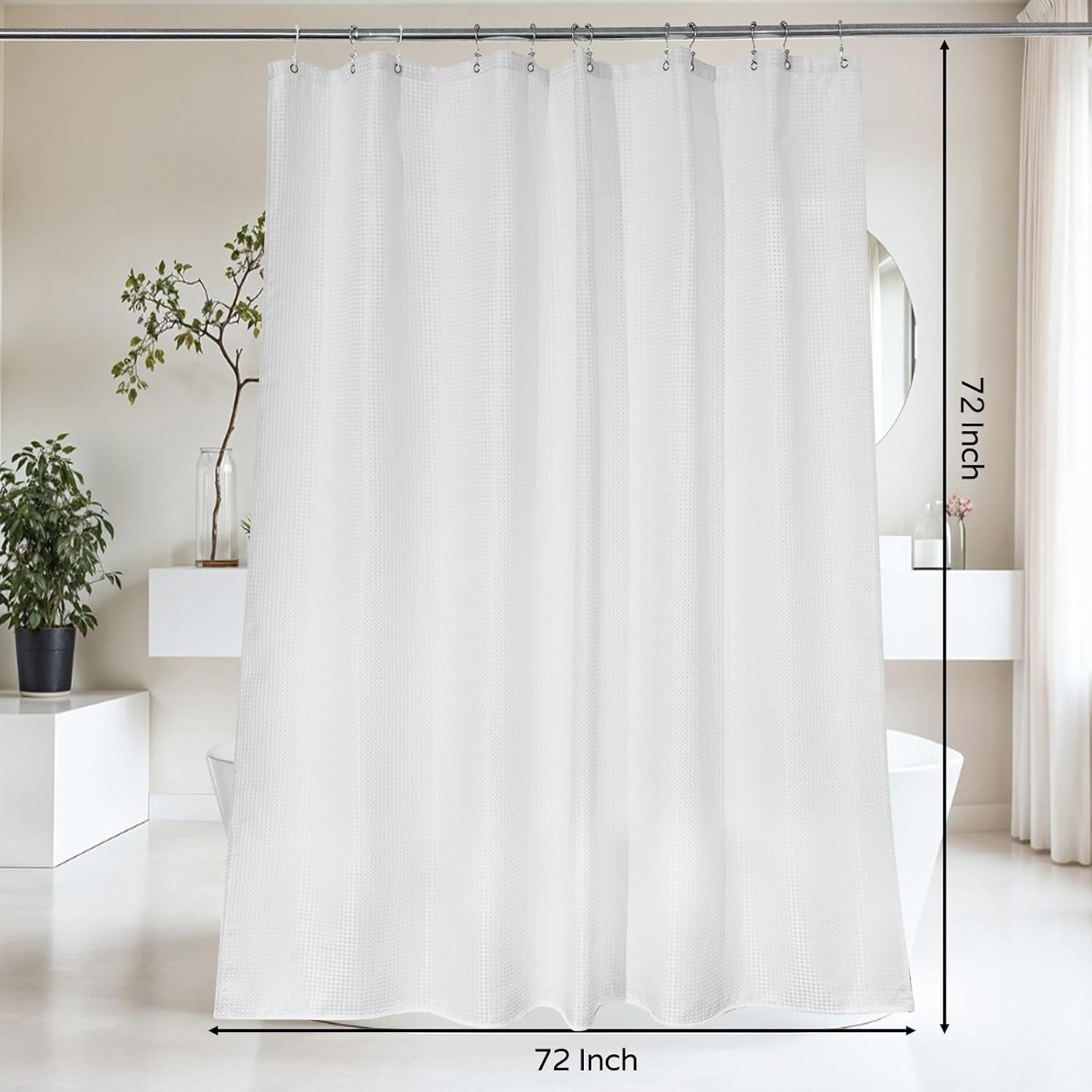3 in 1 Shower Curtain with Liner and Hooks, White Waffle Fabric Heavy Duty Hotel Quality Shower Curtain and PEVA Clear Liner with 12 Double Sided Hooks for Bathroom, Waterproof,72 W x 72 H