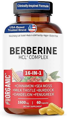 Berberine HCL+ Complex 1600mg - 60 cápsulas - Apoya la salud cardiovascular, hepática e intestinal con canela de Ceilán, cardo mariano y mezcla