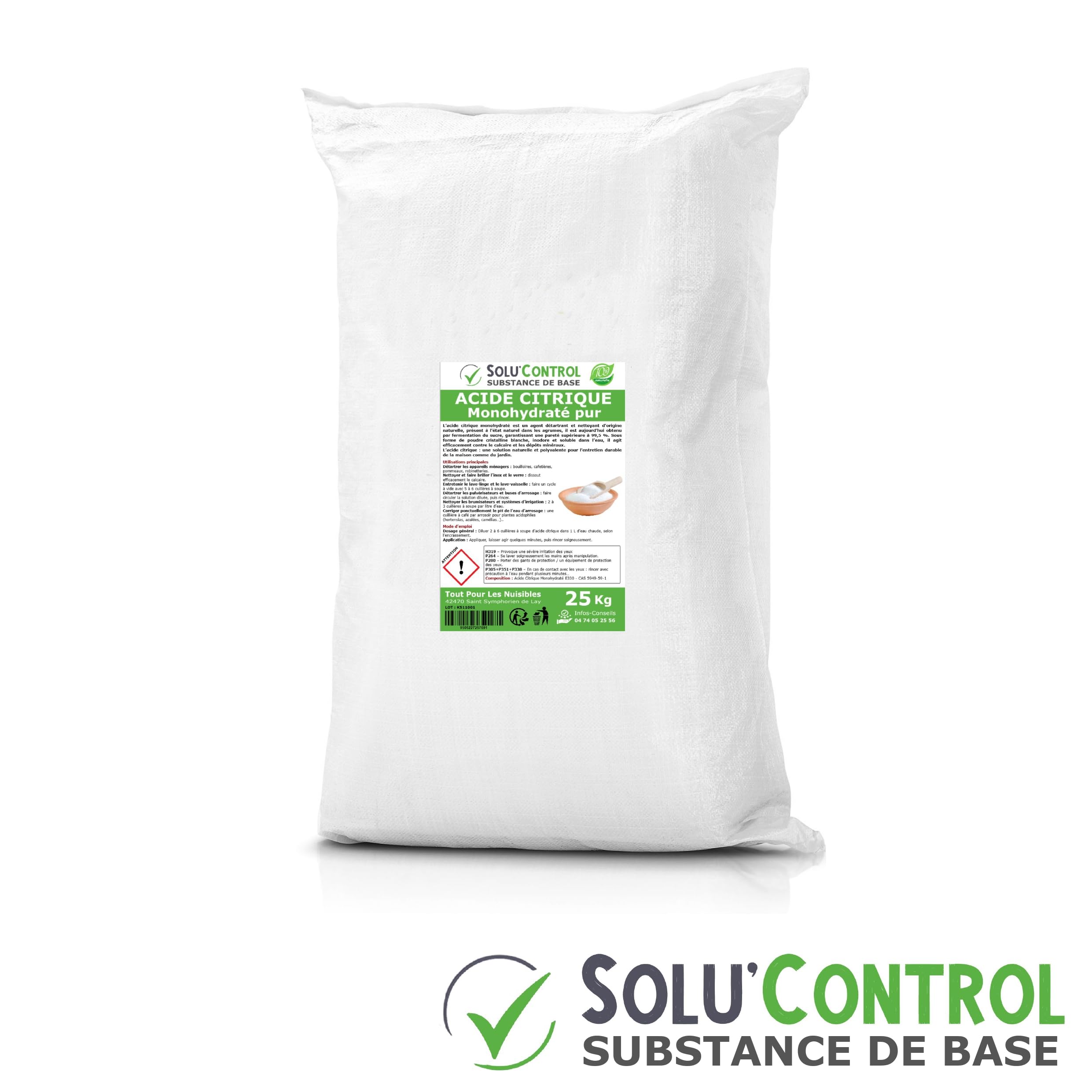 Acide citrique monohydraté pur - 100% d'origine naturel - Nettoyer, détartrer, raviver l'inox et corriger le pH - Sachet de 25kg
