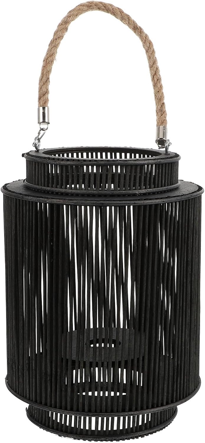 Luxshiny Rattan Weaving Lantern Candleholder Portable Windproof Black Small Decorative Candlestick for Balcony and Accommodation Décor