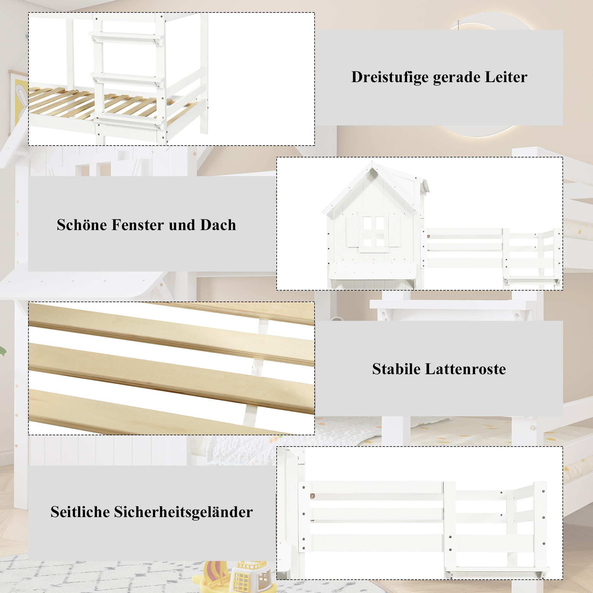 REXO Litera de 90 x 200 cm, cuna, hermosas ventanas y techo, barandillas de seguridad laterales, escalera recta de tres niveles, somieres de listones estables, pino + MDF + madera contrachapada, color