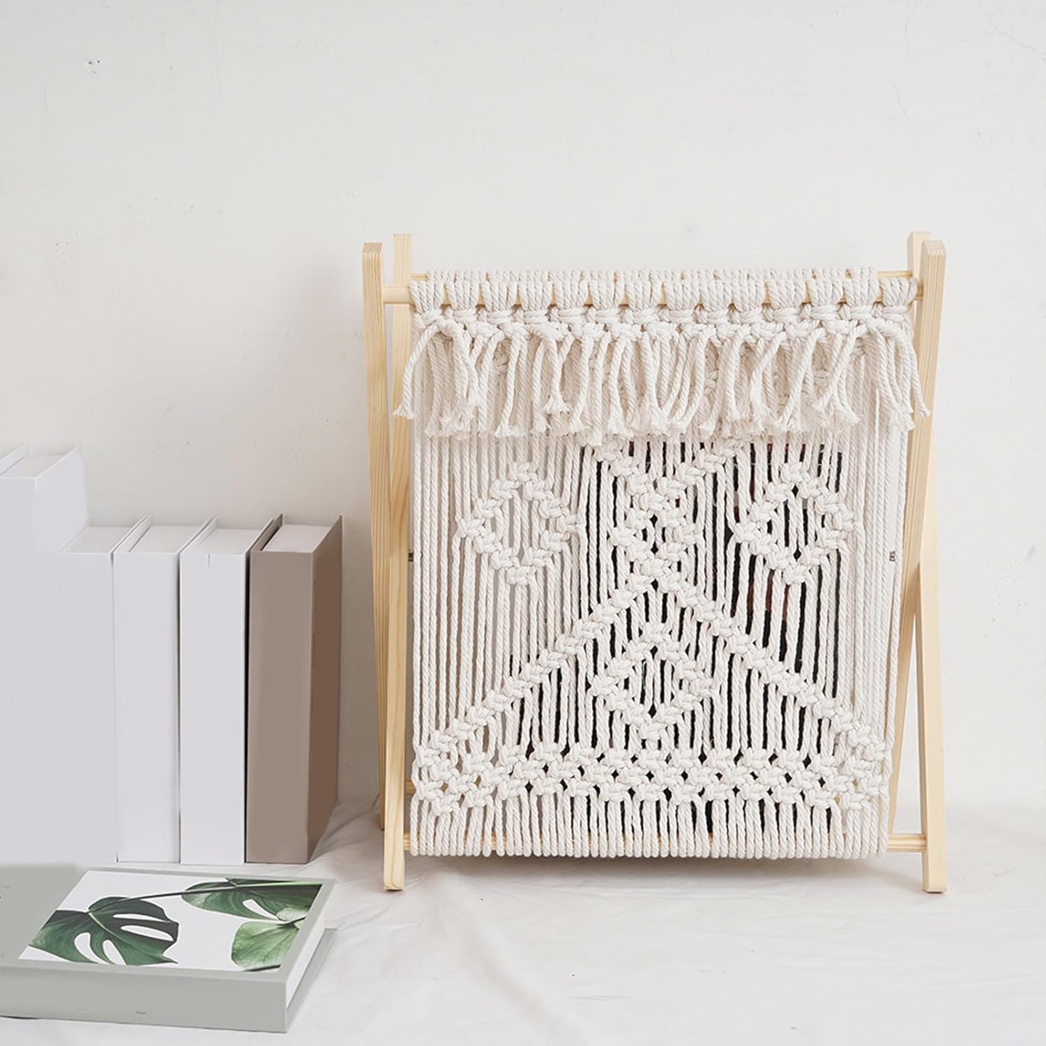 Stylish Decorative Magazine Rack Portable Macrames Desktop Storage Rack With Wood Frame For Books Magazines And More Storage