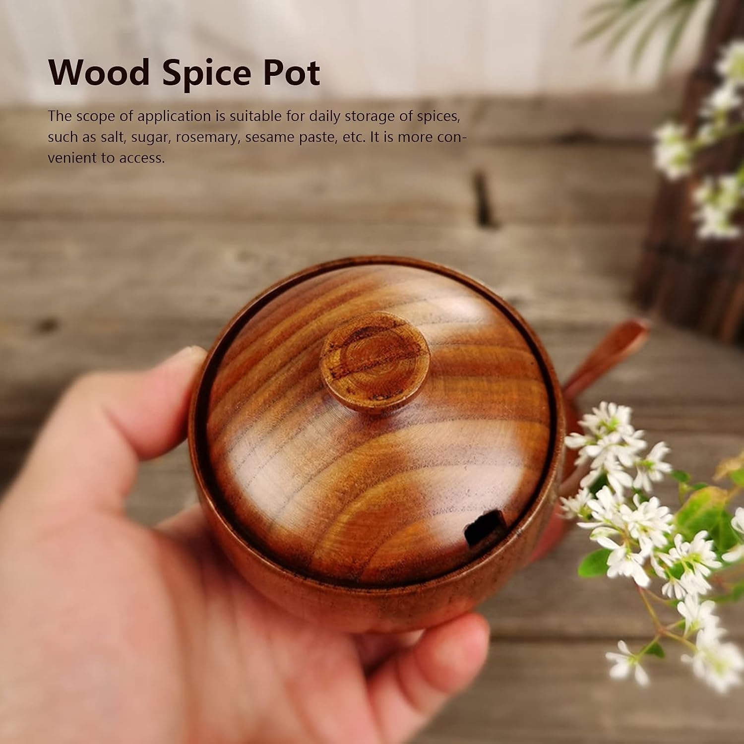 2pcs Jujube Wood Seasoning Pots, Small Storage Container Condiment Jars, Seasoning Pots with Lids and Spoons for Sugar Salt