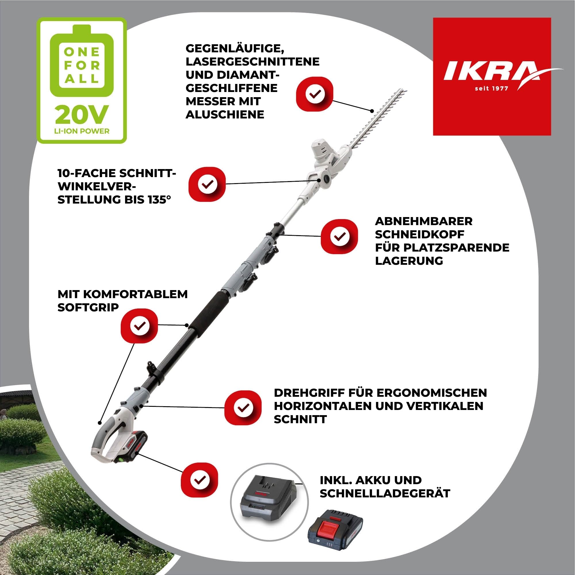 IKRA Teleskop Heckenschere ICPH 2040, inkl. 2 Akkus & Schnelllader | Teleskopierbar 220-275cm, Winkelverstellung bis 135°, Schnittlänge 40cm, inkl. Schultergurt, 20 Volt Akku-Familie von IKRA