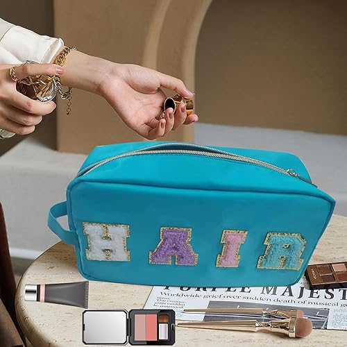 Miniatura 4 de CpravhLics Bolsa de maquillaje preppy para mujer, bolsa de cosméticos con asa, impermeable, portátil, de nailon, con purpurina, organizador de