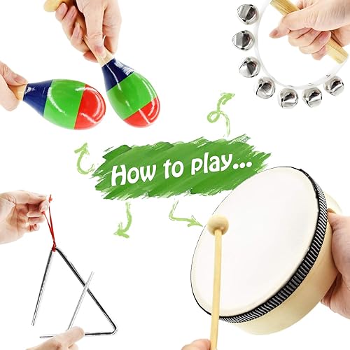 Miniatura 4 de MUSICUBE Juego de 7 piezas de instrumentos musicales para niños, instrumentos de percusión de madera con tambor de mano, maracas, triángulos,