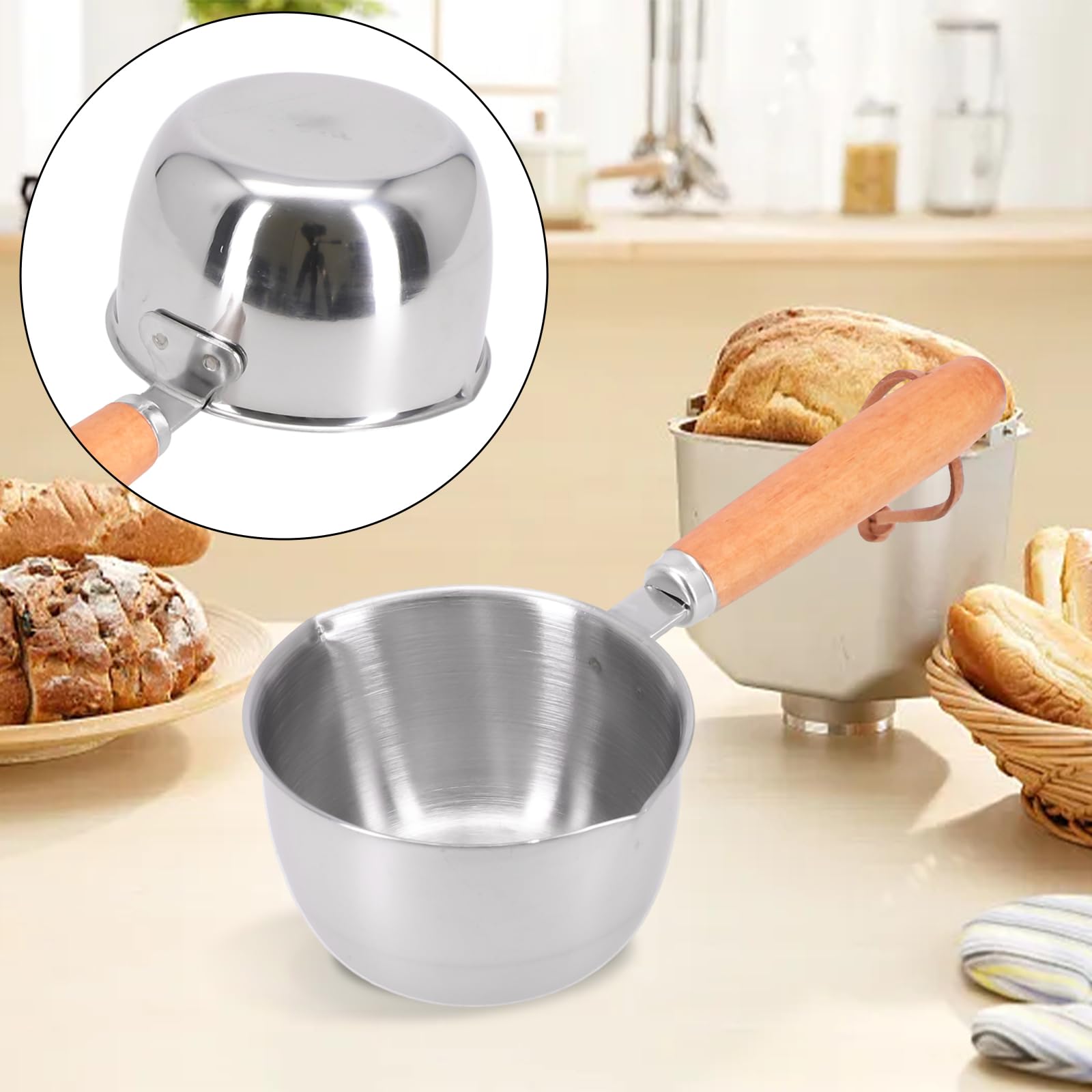 HogarTech Butter Warmer, Stainless Steel Milk/Coffee Warmer with Wooden Handle, Stovetop Butter Melting Pot with Dual Pour Spouts for Food Warmer, Chocolate Melting(500ml)