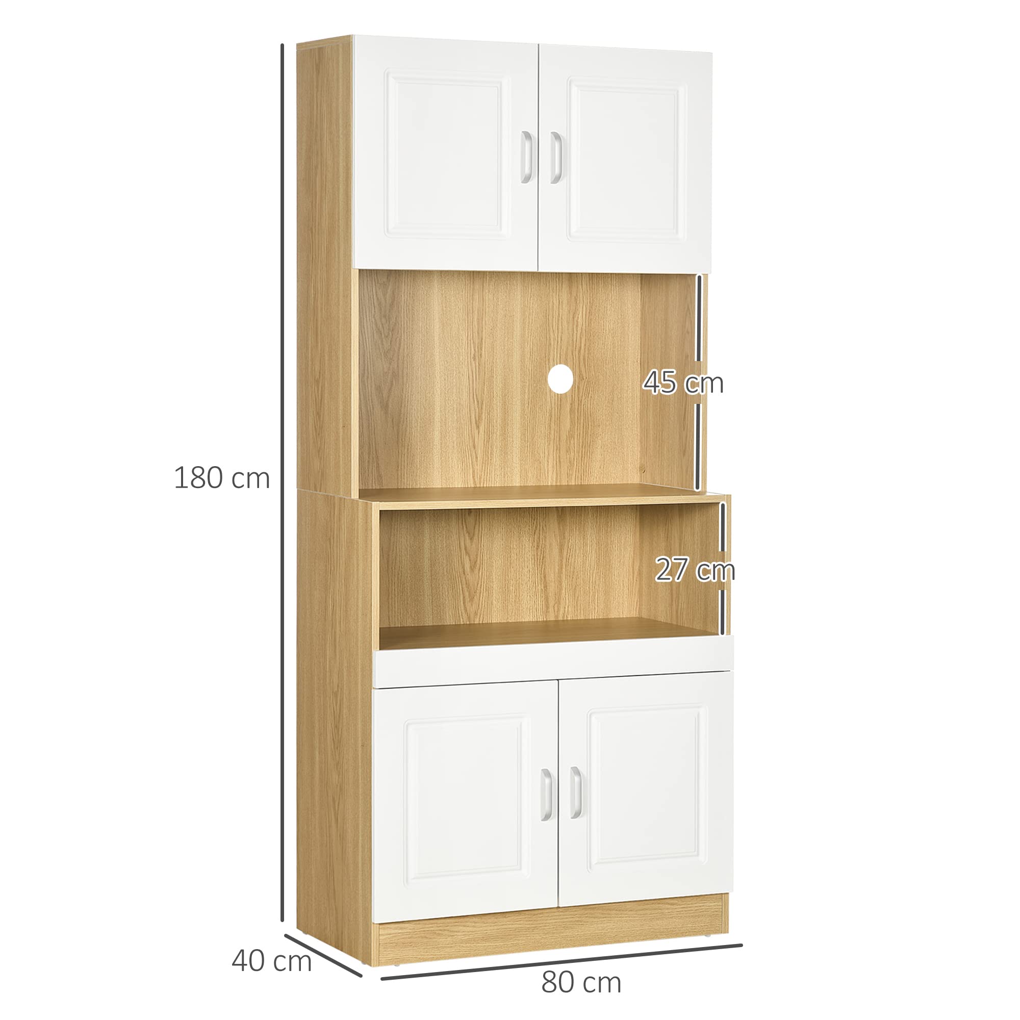HOMCOM Mobile Dispensa Alto in Truciolato Bianco e color Legno a 4 Ante con Armadietti e Ripiano Aperto, per Cucina e Soggiorno, 80x40x180 cm