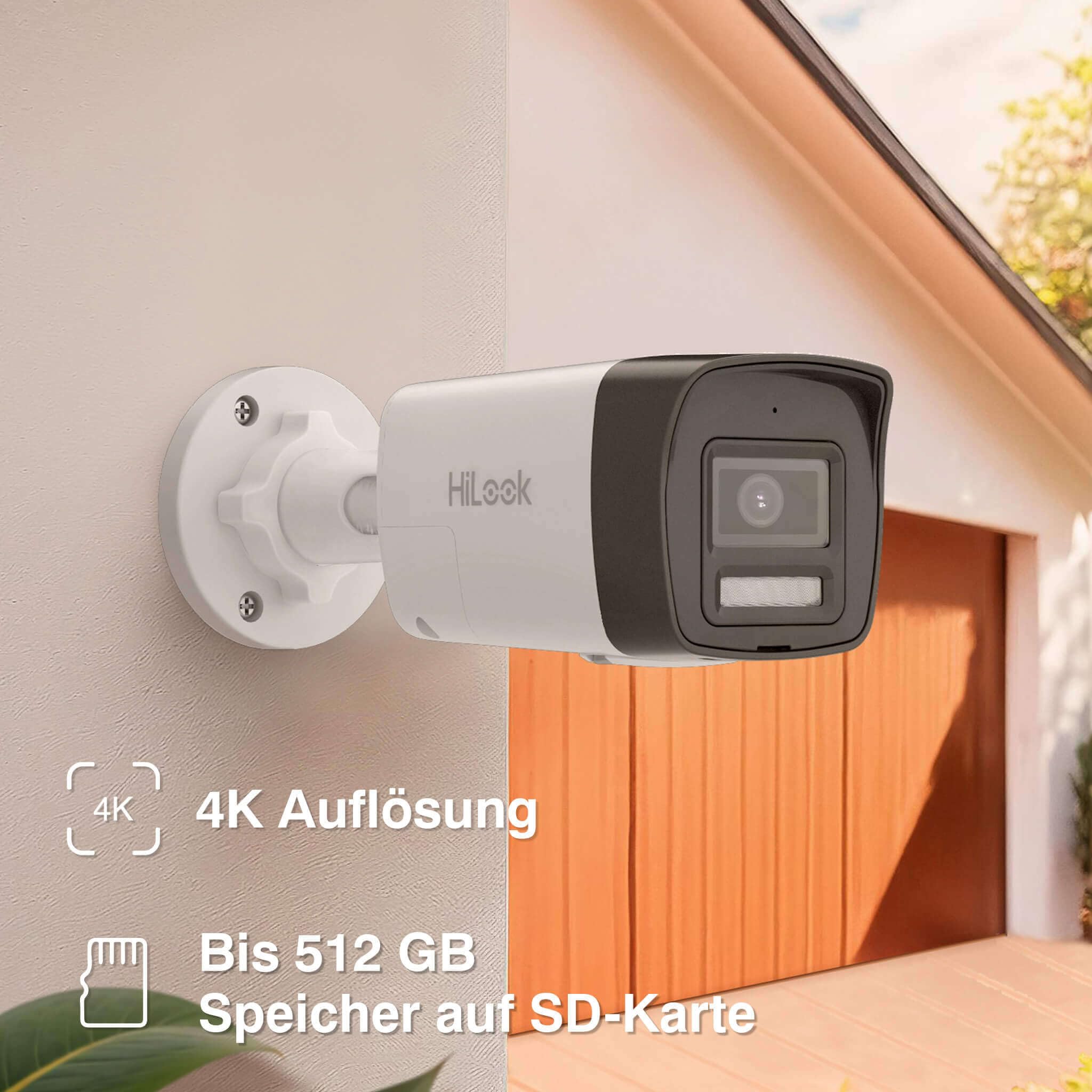 HiLook® by HIKVISION PoE Überwachungskamera Set mit 4X 8MP 4K Bullet Kameras und Hybrid Light Nachtsicht Schwarz KI Person Fahrzeugerkennung 8CH NVR 2TB HDD wetterfest App Steuerung