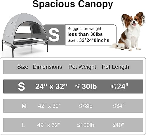 Miniatura 9 de Cama elevada para perros con dosel para exteriores, tienda de campaña refrescante, sombra extraíble, cuna fuera del suelo, pequeña