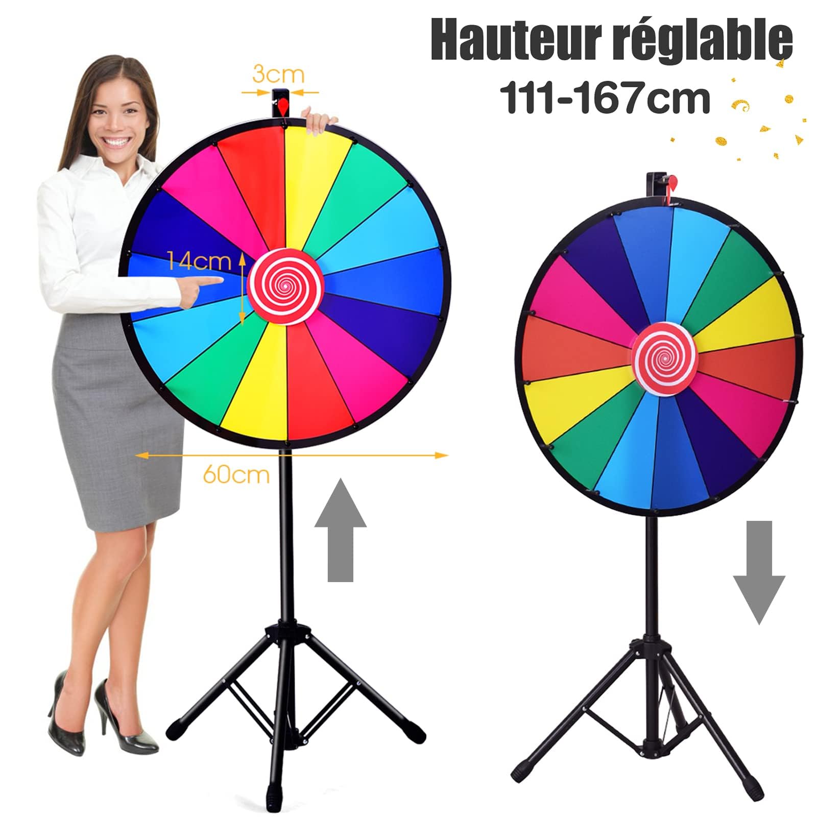 RELAX4LIFE 24" Glücksrad, Drehrad-Spielzeug mit Stativ, Markierstift, Radiergummi, Glücksrad zum Drehen für Lotteriespiele, Wortspiele, 14 Slots & Ø60cm, Roulette für Party, Karneval, Veranstaltungen