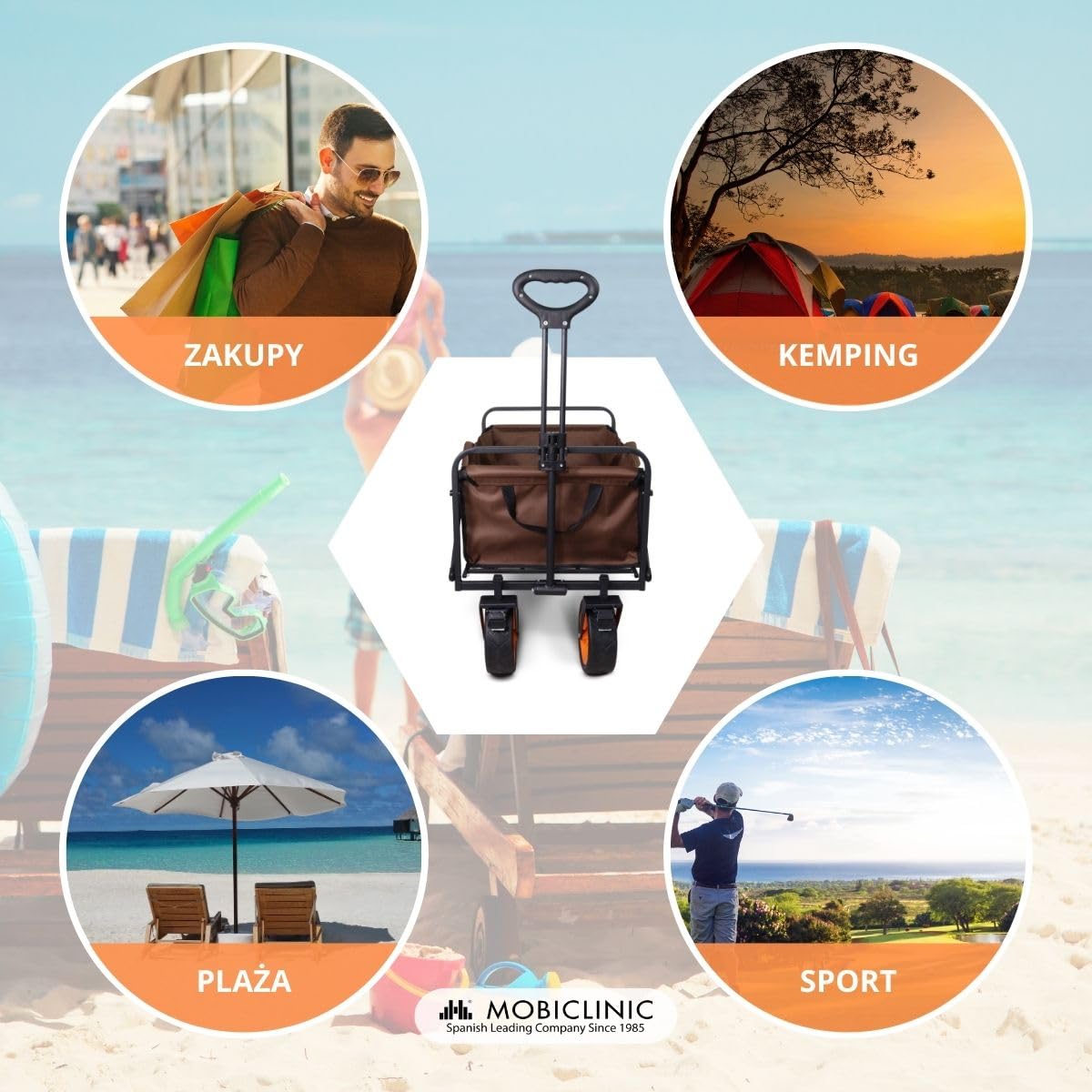 Mobiclinic®, Składany wózek transportowy, Na plażę i do ogrodu, Duna pro plus, Regulowana rączka, Duże 360º terenowe koł, Dodatkowe kieszenie, 100 kg, 94x56, 5x61cm, Wodoodporny, Czerwony