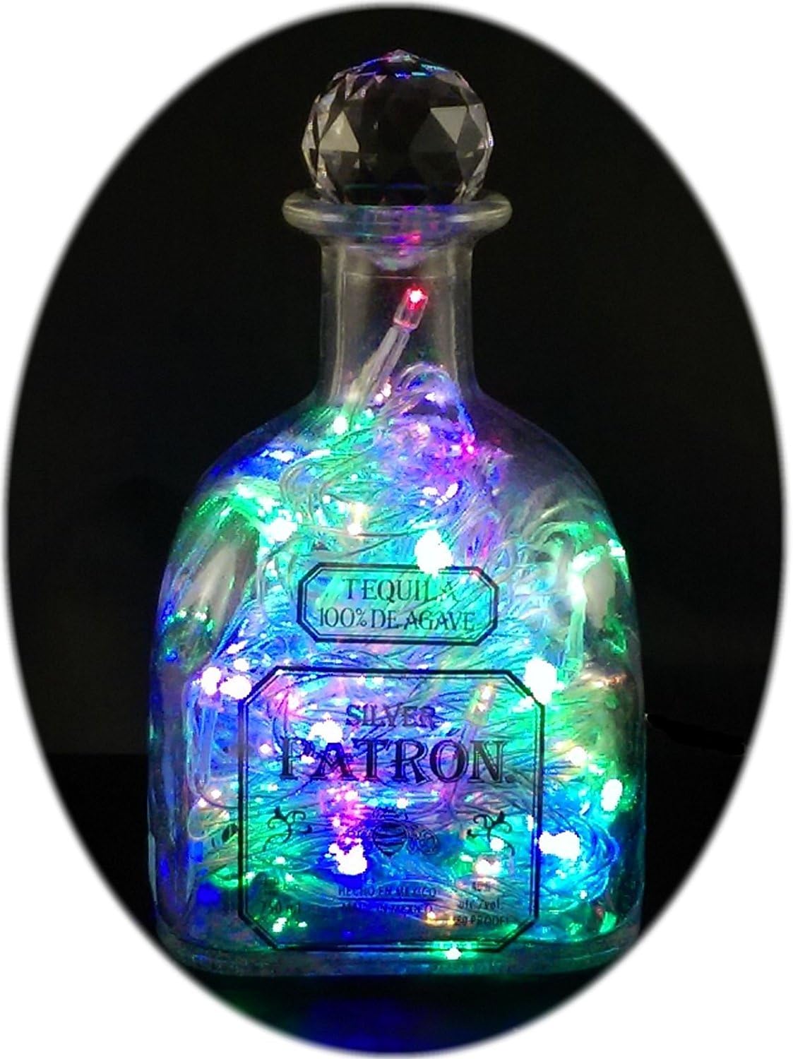 Upcycled Patron Tequila Mood Therapy Liquor Bottle Light with Multi-color Leds Topped with an Asfour 30% Leaded Clear Crystal Prism Ball