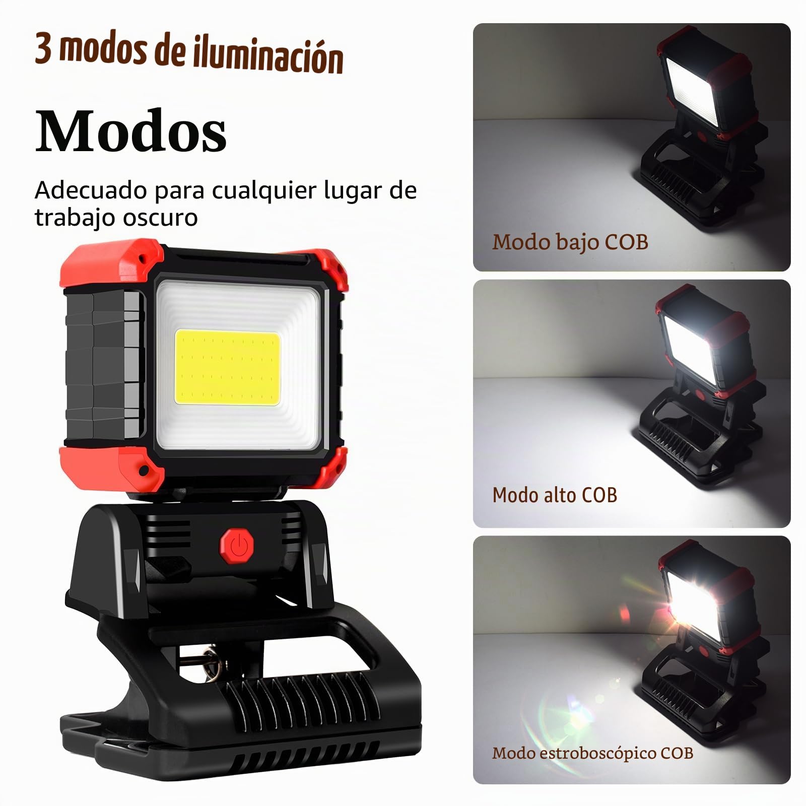 MASMEJOR Foco LED Recargable con Pinza, 2100LM Foco LED con Imanes & 3 Modos de Luz, Rotación de 270°, Luz de Trabajo Portátil Ideal para Camping, BBQ, Pesca, Taller, Emergencias