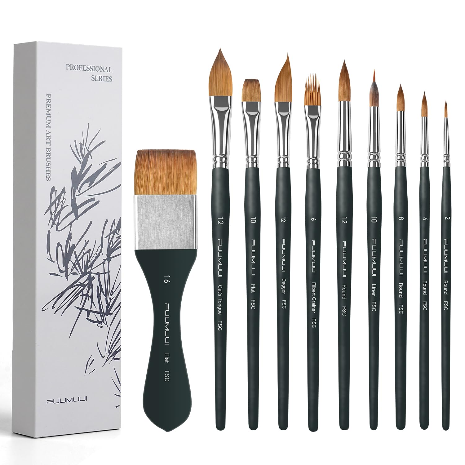 Fuumuui Watercolor Brush Set, 10Pcs Professional Soft Synthetic Hair Paint Brushes - Wide…