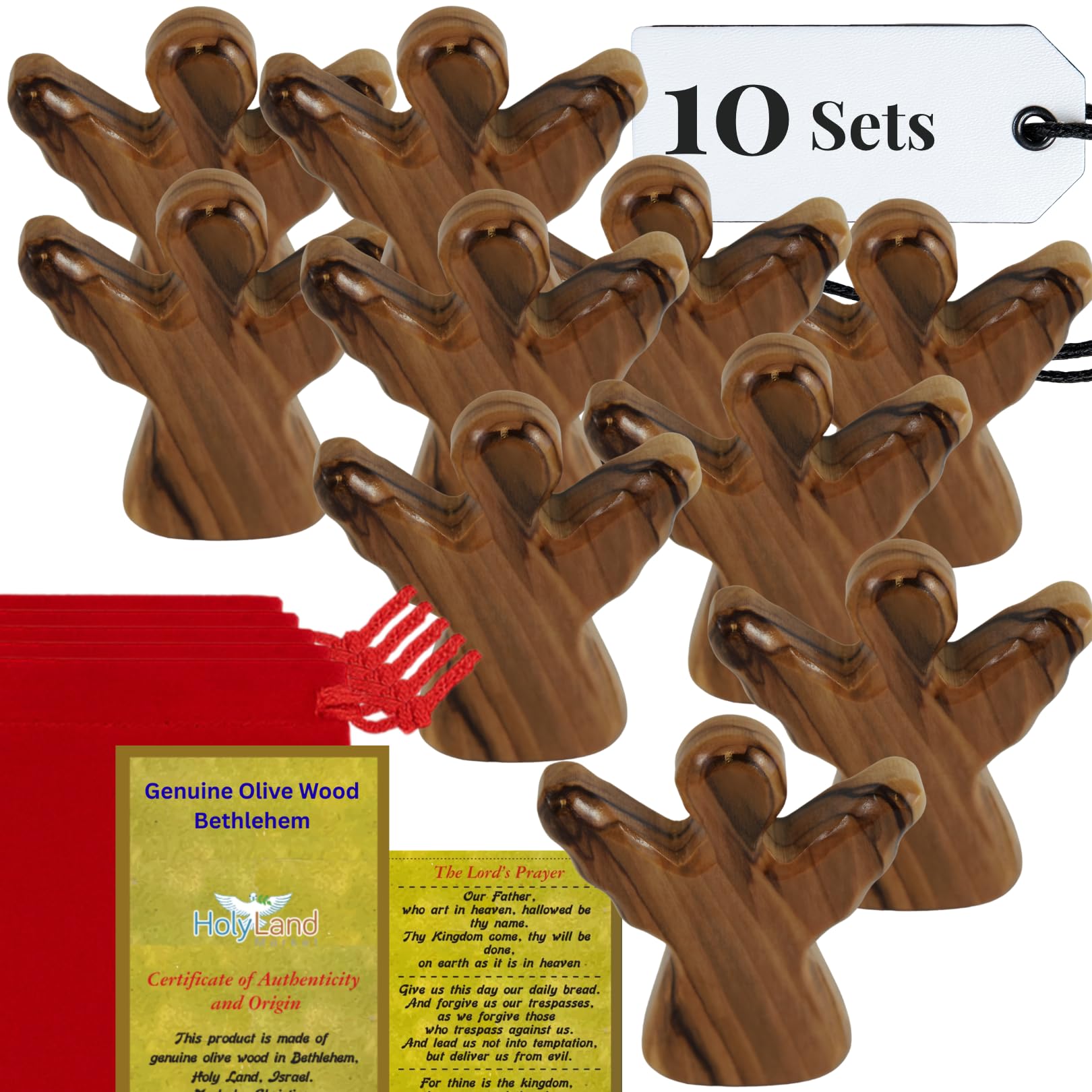 Holy Land Market Ange gardien en bois d'olivier sculpté à la main de Bethléem, figurine religieuse de 6,3 cm avec pochette en velours rouge et certificat d'authenticité (10 ensembles)