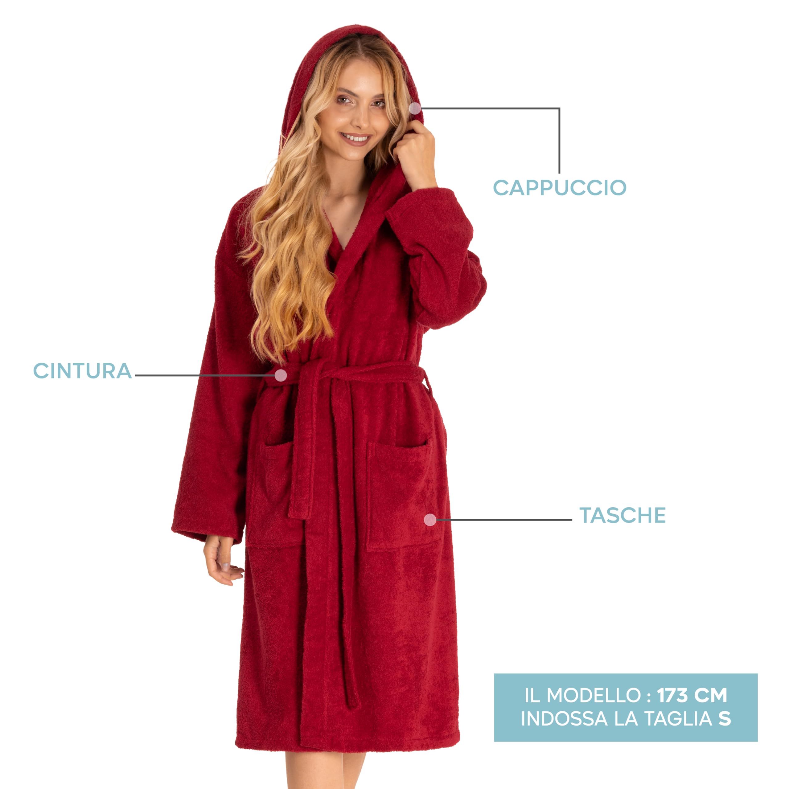 Accappatoio per Donna con Cappuccio in Spugna Certificato Oeko Tex - 2 Tasche, Cintura - Vestaglia - per Uscire dalla Doccia, Assorbente e Confortevole