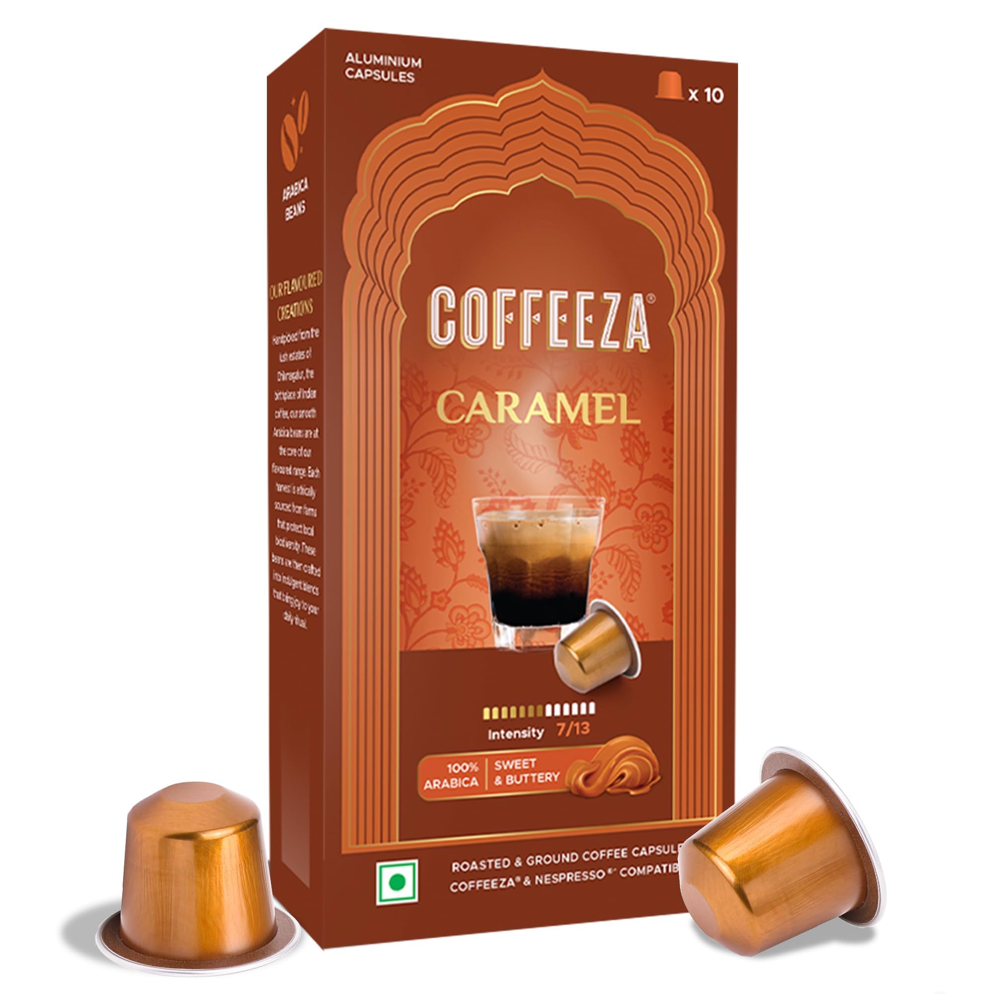 Coffeeza Caramel Flavoured Coffee Capsules, Intensity -7 | Aluminium Coffee Pods | 100% Arabica | Box of 1 (10 Capsules) | Brew Cold/Hot