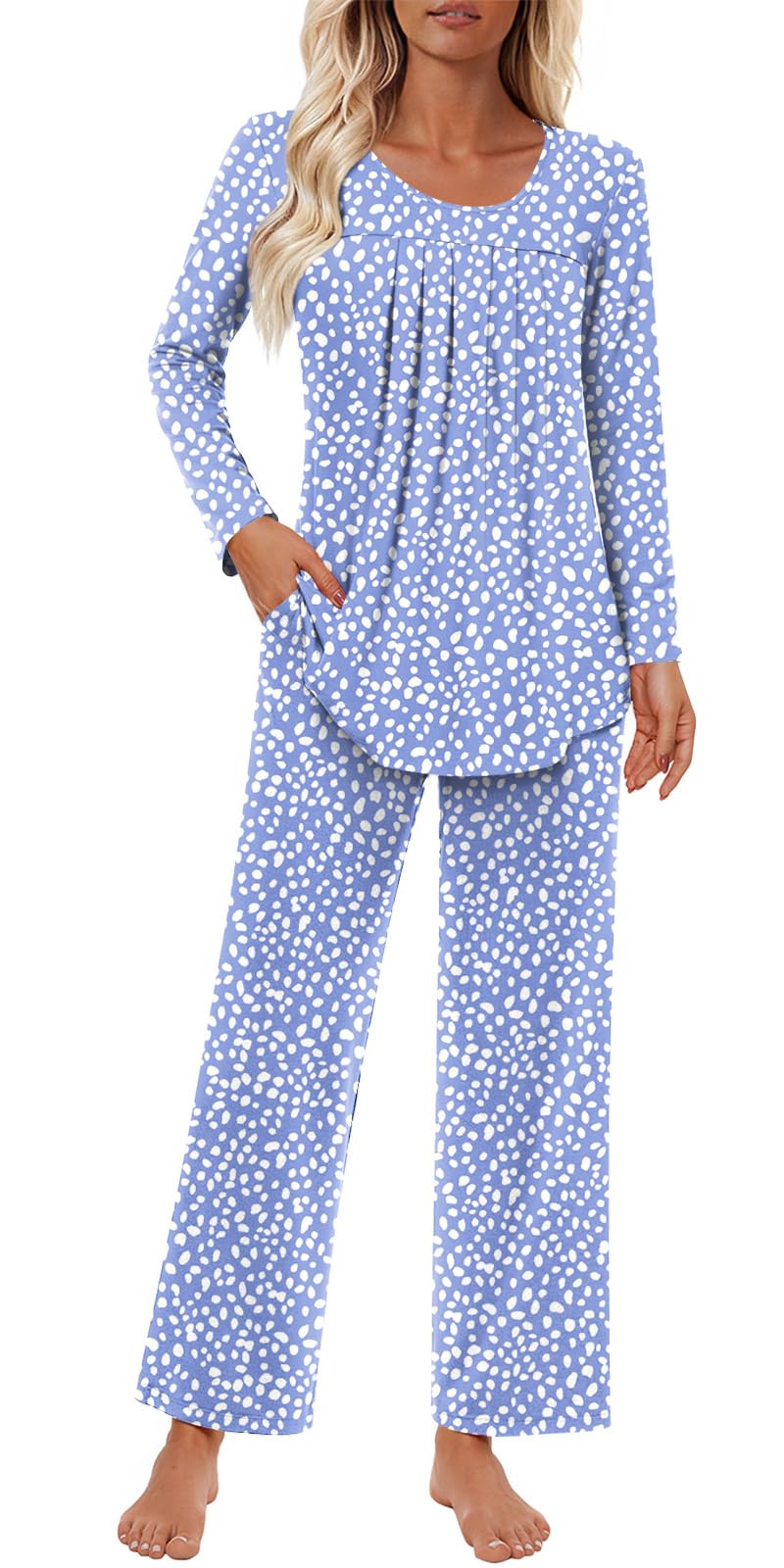 Womens Pajama Set 2 Piece Lounge Outfits Soft Sleepwear Fall Long Sleeve Long Pant With Pockets Ladies Pjs