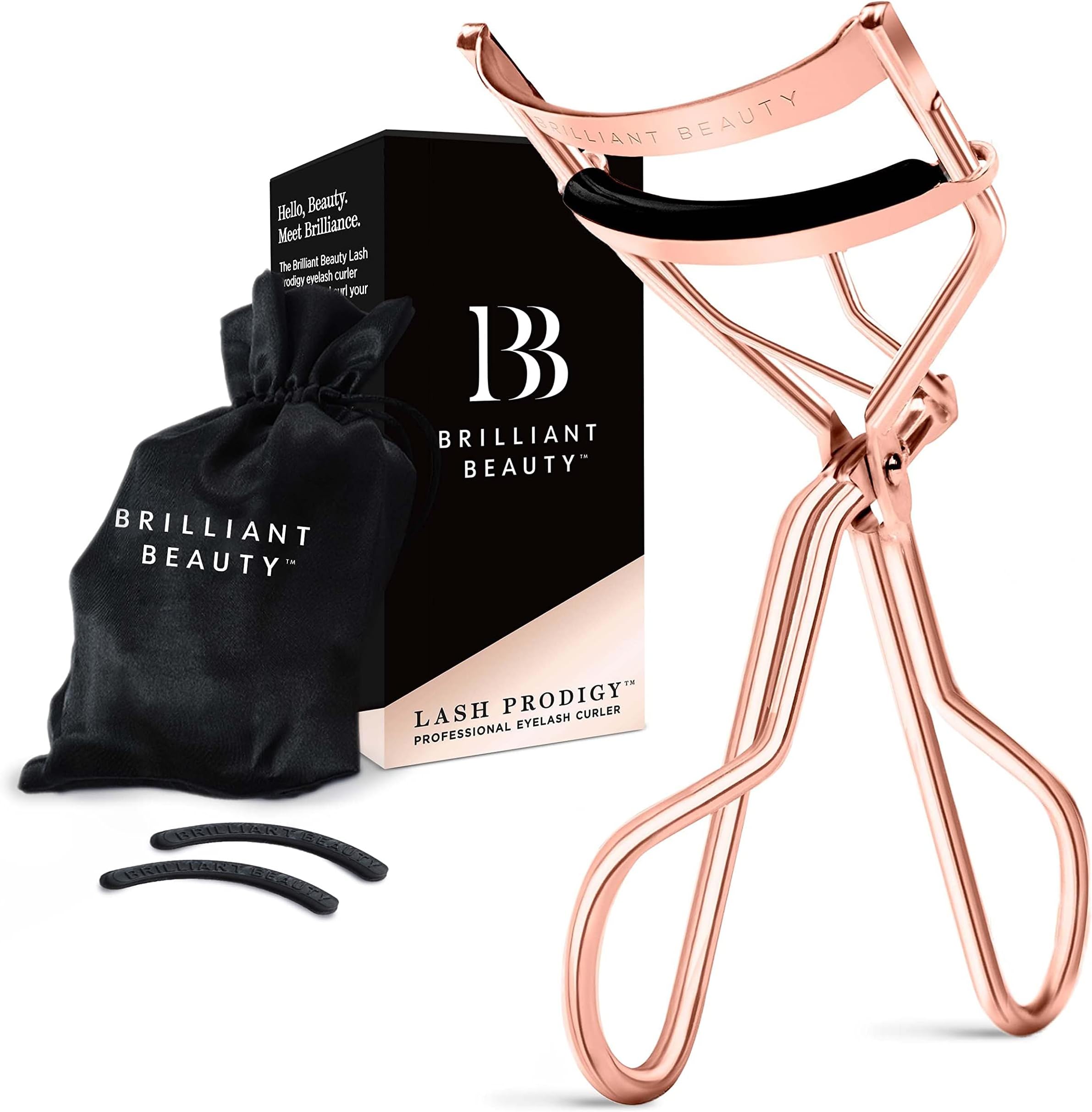 Brilliant Beauty Eyelash Curler with Satin Bag & Refill Pads - Award Winning - No Pinching, Just Dramatically Curled Eyelashes for a Lash Lift in Seconds (Rose Gold)