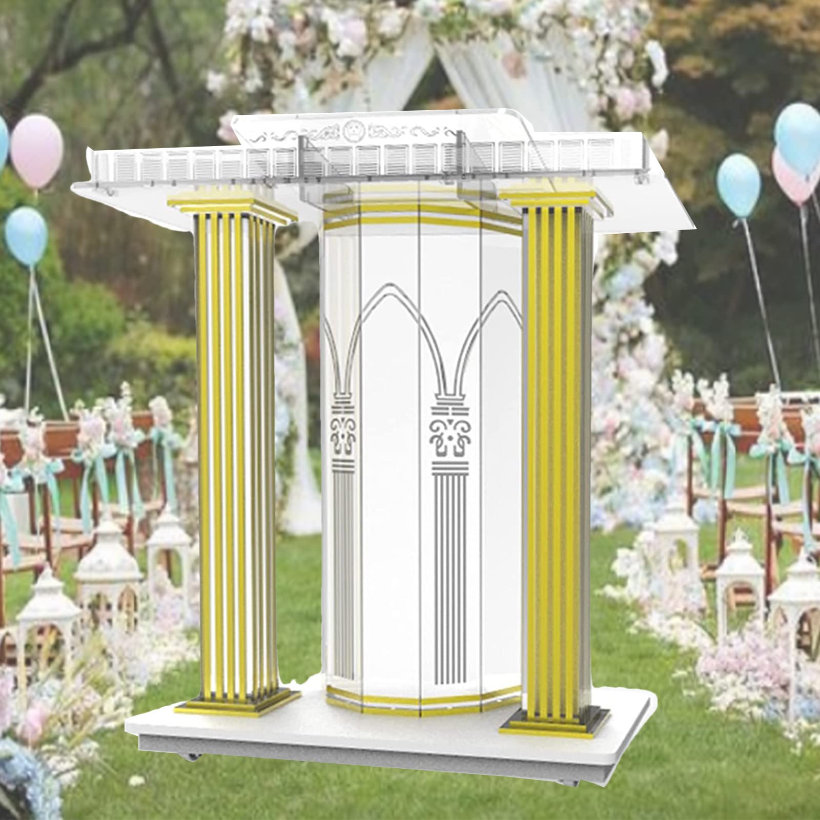 FUYAOChurch Podium Stand with Rollers & LED Lights, Modern Acrylic Clear Transparent Lecterns for Entrances Classrooms, Vertical Reading Platform Included