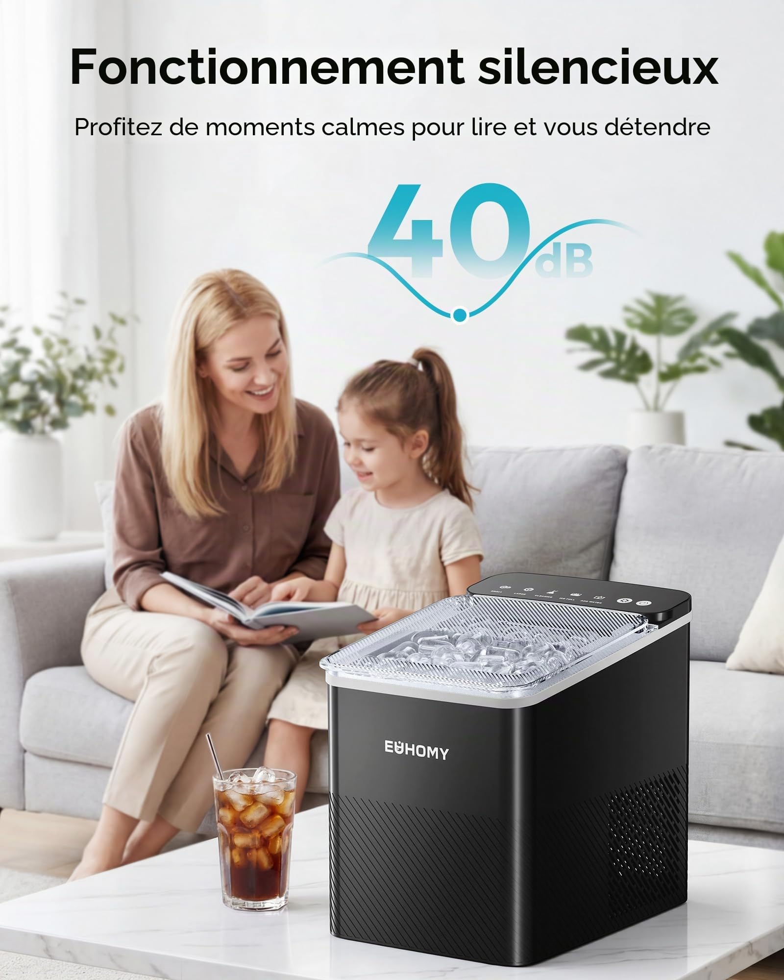 EUHOMY Machine à Glaçons Conception Compacte Réglage à Un Bouton 9 Glaçons en 2 Tailles Nettoyage Automatique Alertes Intelligentes Couvercle Transparent Noir pour Bureau/Cuisine/Chambre