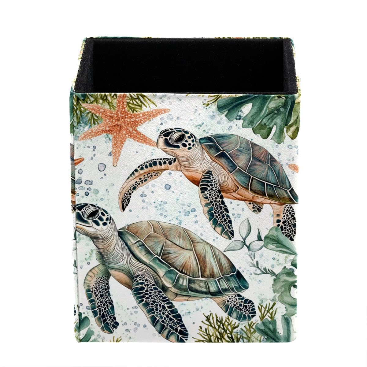 HEOEH Sea Turtles Pen Holder Pen Pot, Square Pencil Cup for Desk