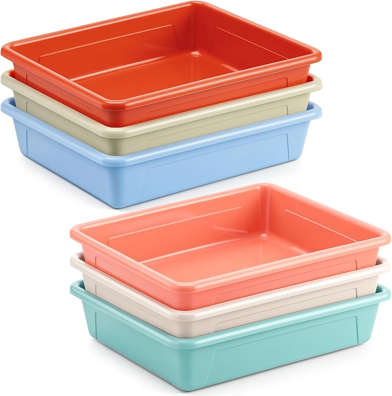 Affrolling 6 Pack Letter Size Flat Storage Tray, Stackable Plastic Organizer Bins for Classroom, Turn in Paper Tray Art Supply Baskets for Home School Office Teacher Desk Organization (Light Colors)