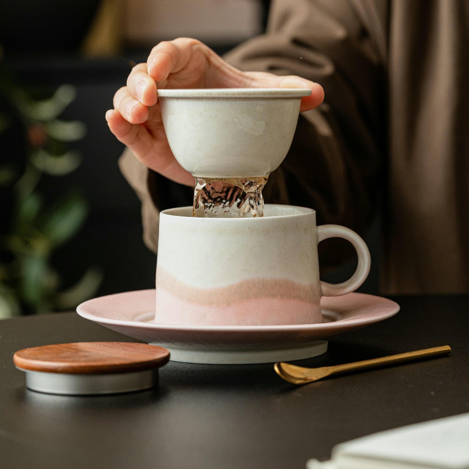 Taza de café Shanhai de 185 ml, taza de café de cerámica para el hogar, taza de café de té morado con plato [paquete de caja]