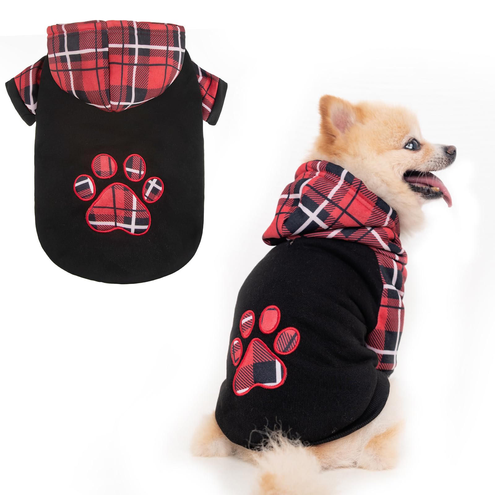 KOOLTAIL Plaid Dog Hoodie Pet Jumper With Hat and Pocket for Small Medium Large Dogs, Fleece Hooded Sweatshirt, Soft Winter Warm Cold Weather Coat for Puppy Cats, Black Red Paw M — image 1